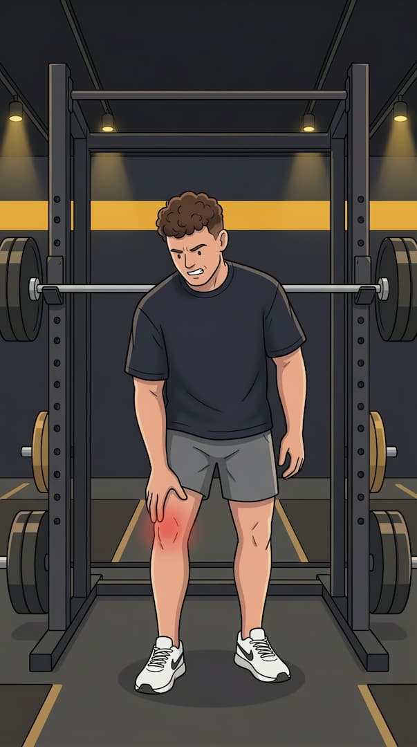 Krachtsporter herkent kniepijn bij de squat rack