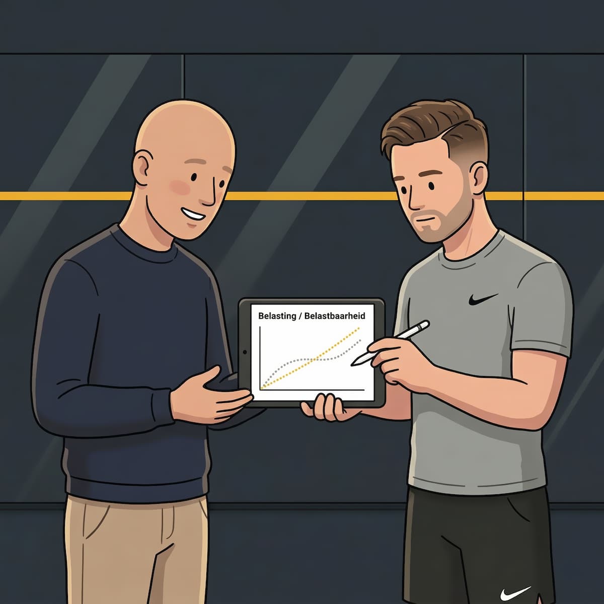 Erik en de personal trainer van SportCity bespreken samen het belasting-belastbaarheidsplan van een lid