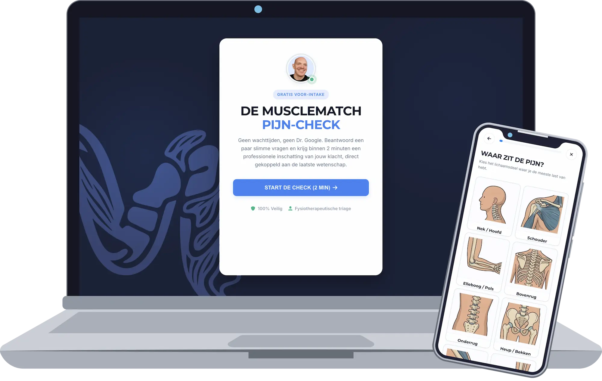 De MuscleMatch Pijn-Check interface op laptop en mobiel